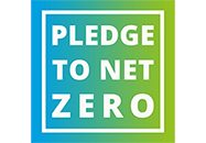 A blue and green square with the words pledge to net zero in white.