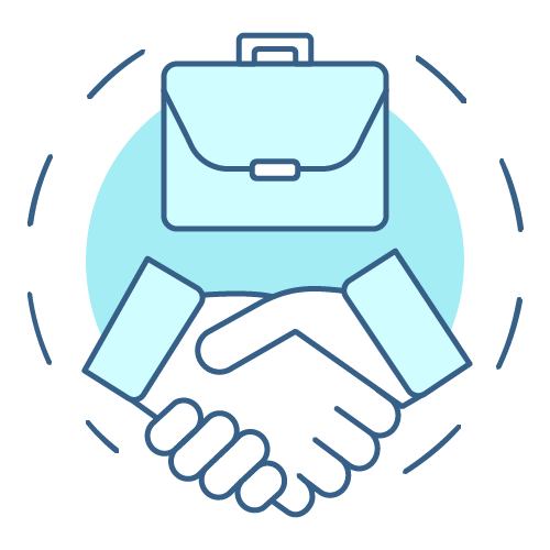 A blue and white icon of two people shaking hands.